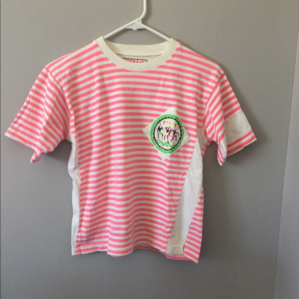 Striped Pink & White Short Sleeve Tee with Chest Patch